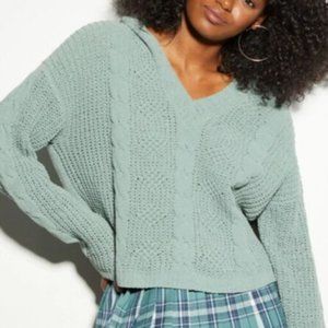 Rue 21 Green Sage Cable Chenille Knit V-Neck Hooded Sweater, M